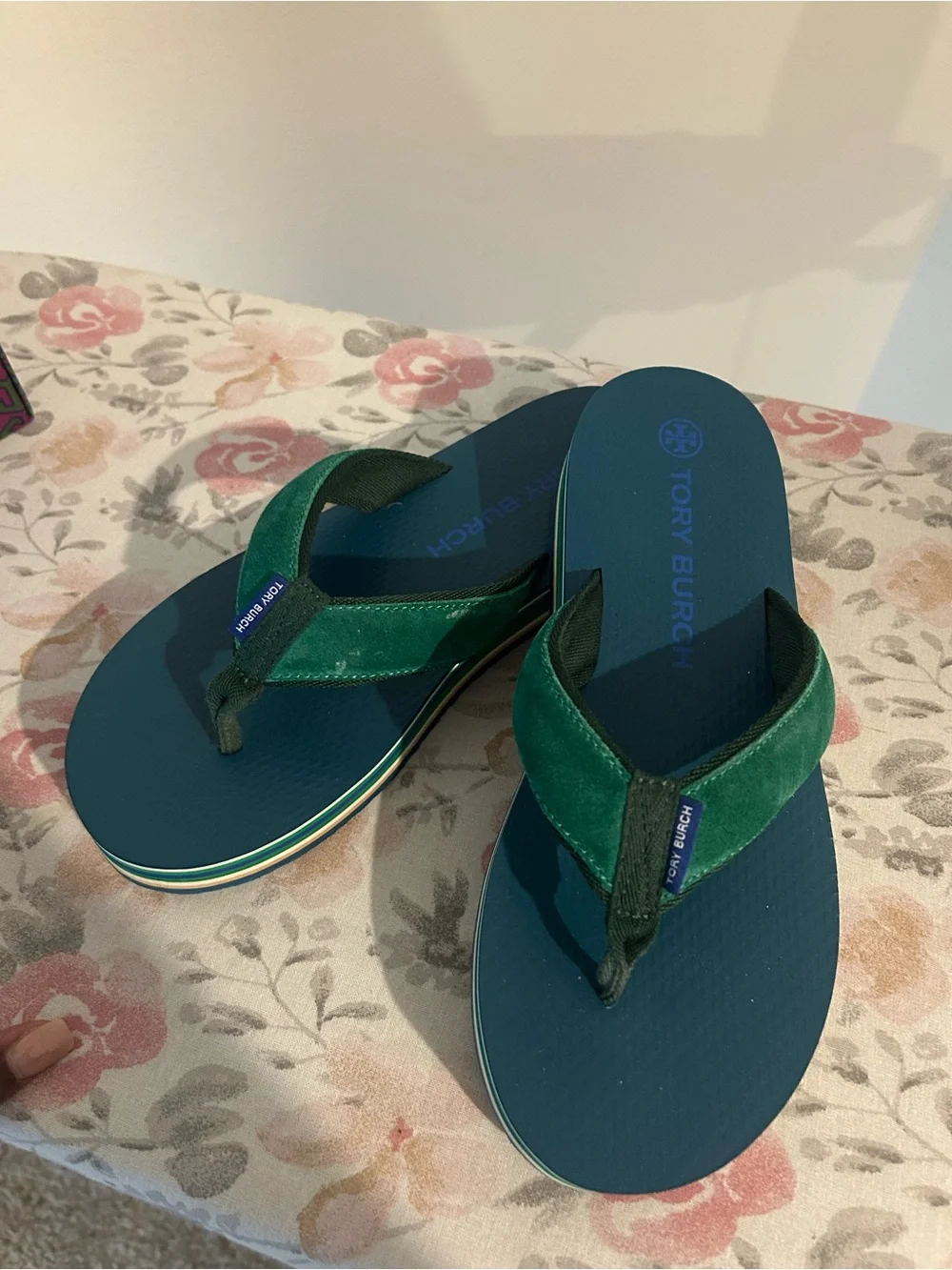 Tory Burch Men’s Green Velvet & Teal Flip Flops